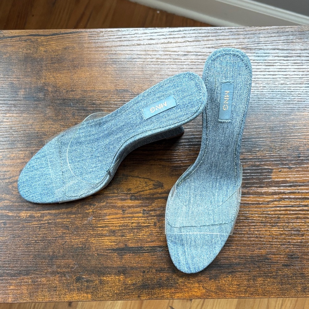 Mango Light Blue Denim Wedge Sandals with Clear Strap - Picture 3 of 9
